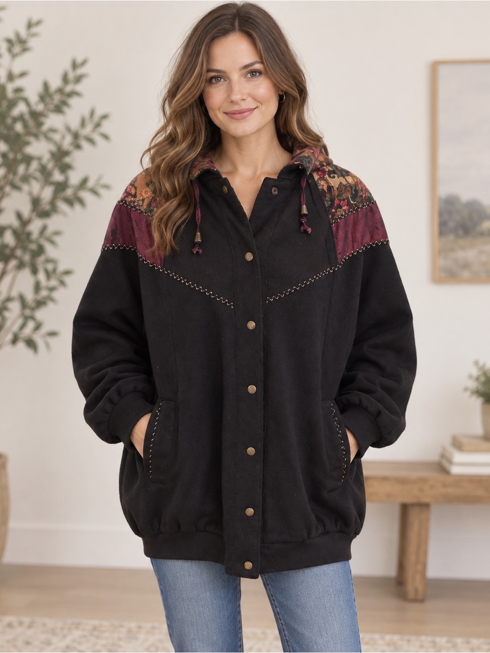 Women's Black Hooded Jacket with Burgundy Floral Yoke